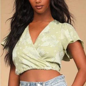 Lulus Time and Ties Sage Floral Jacquard Flutter Sleeve Wrap Crop Top